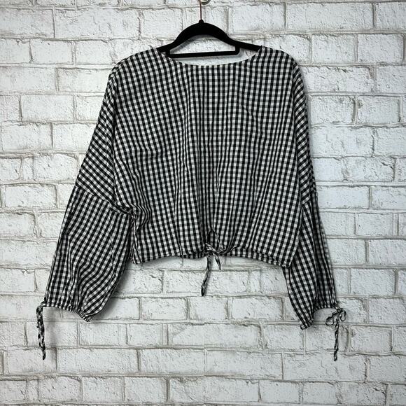 Greylin Millie Blouse Gingham Plaid Checker Top Tie Front Shirt Black White S - Picture 2 of 10